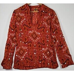 Tory Burch Sequin Silk Blend Tunic Blouse Red Pink Ikat Print Size 6 Sheer Top
